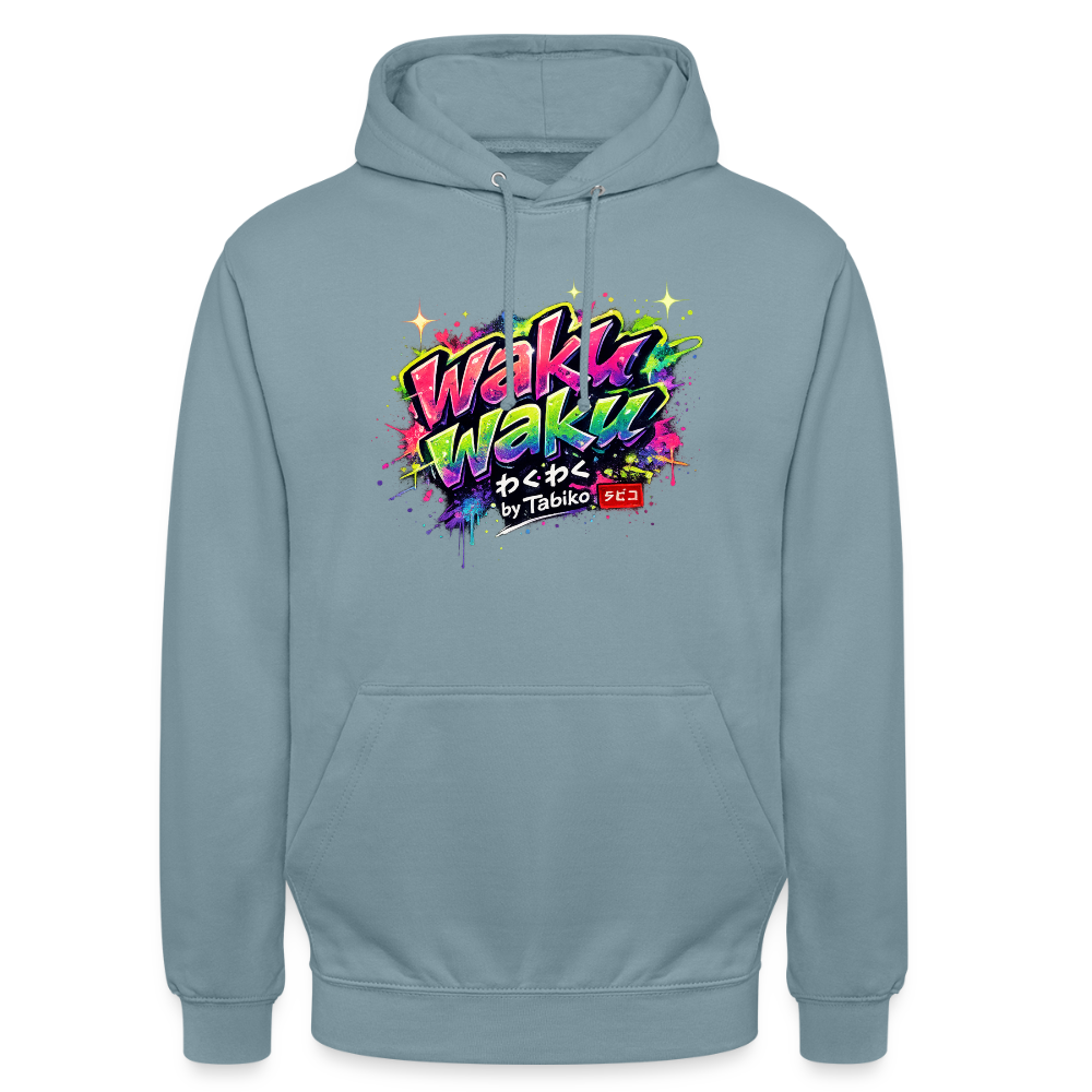 Unisex Hoodie "Waku Waku" Neon Japan Street Style - stonewash blue